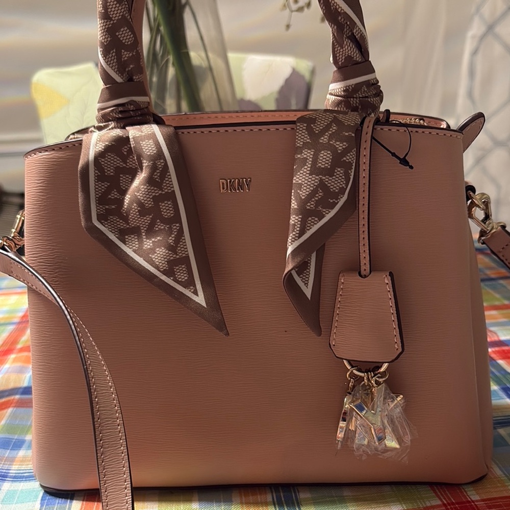DKNY Blush Tan Leather Satchel with Scarf-Wrapped Handles